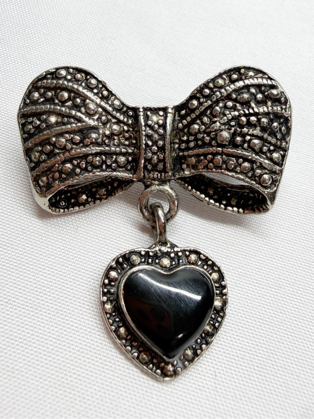 Vintage Silver Tone Bow Heart Brooch